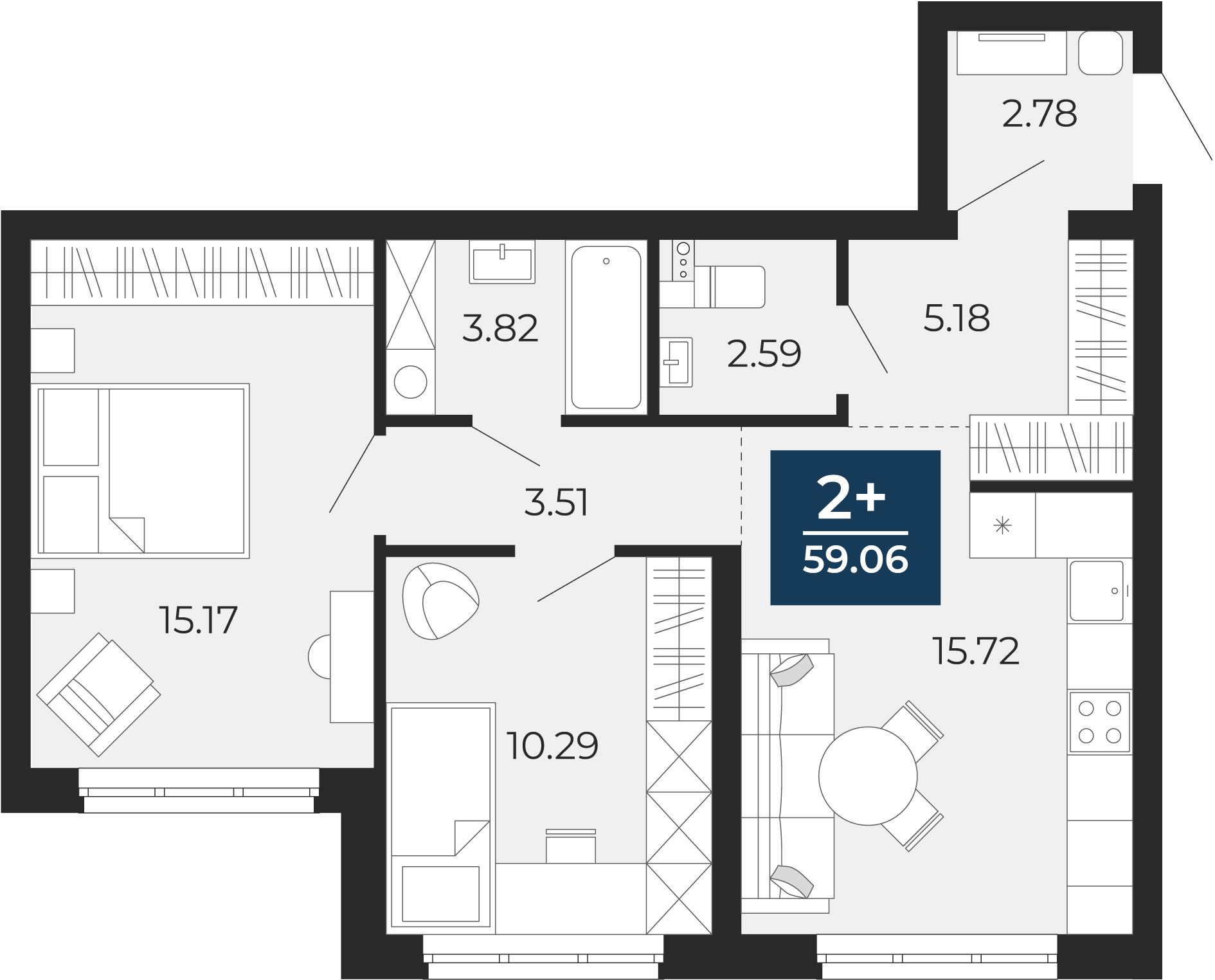Планировка: Евротрешка 59.1 м² в ЖК Никольский, Ново-Комарово
