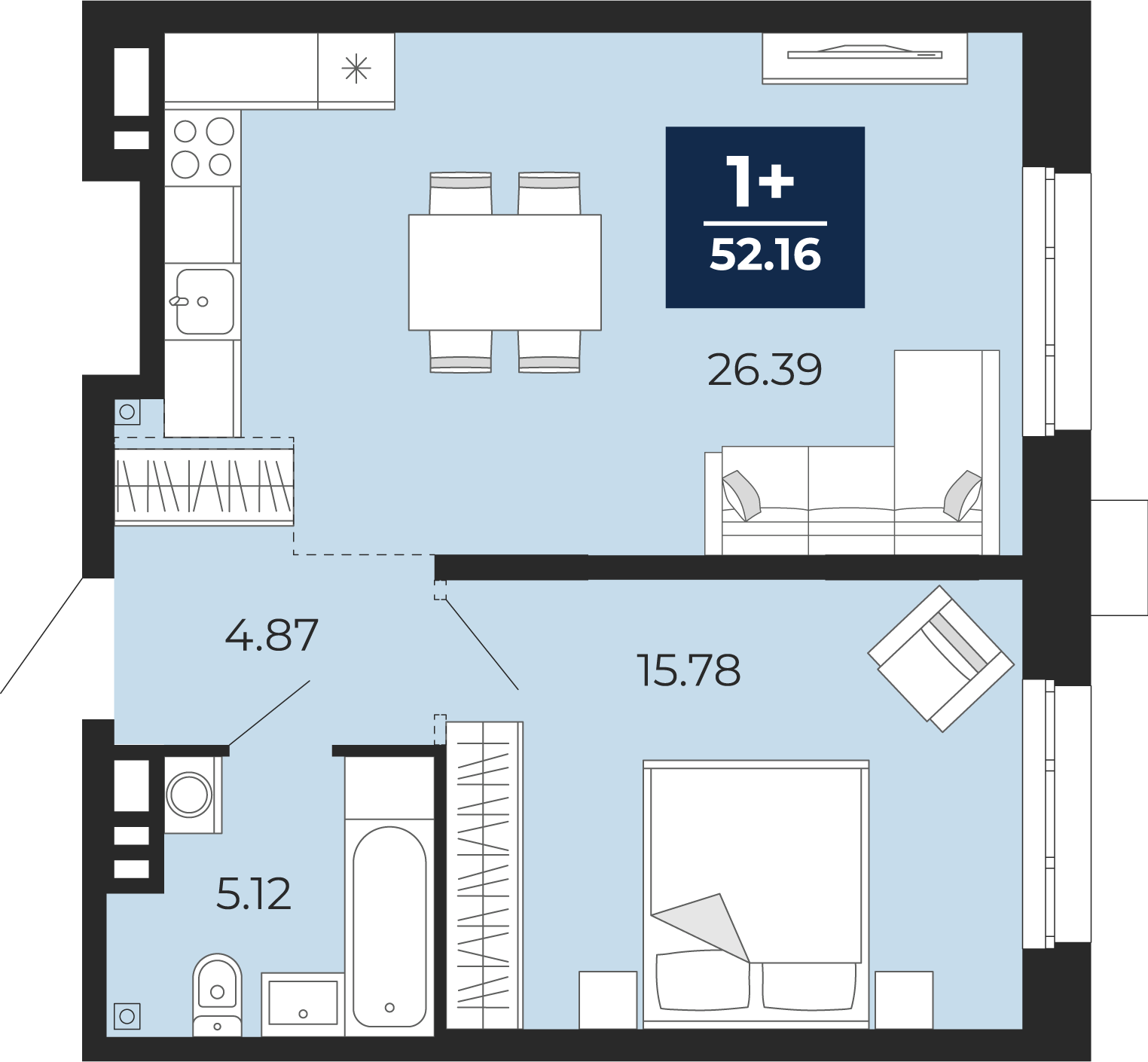 Планировка: Евродвушка 52.2 м² в ЖК Айвазовский, 5-й Заречный