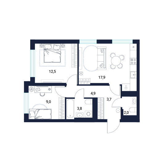 Планировка: Евротрешка 53.8 м² в ЖК AIRIS, Комарово Парк