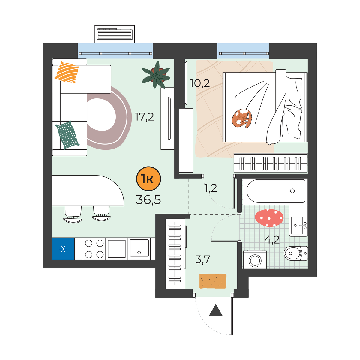 Планировка: Евродвушка 36.5 м² в ЖК Корней, Южный