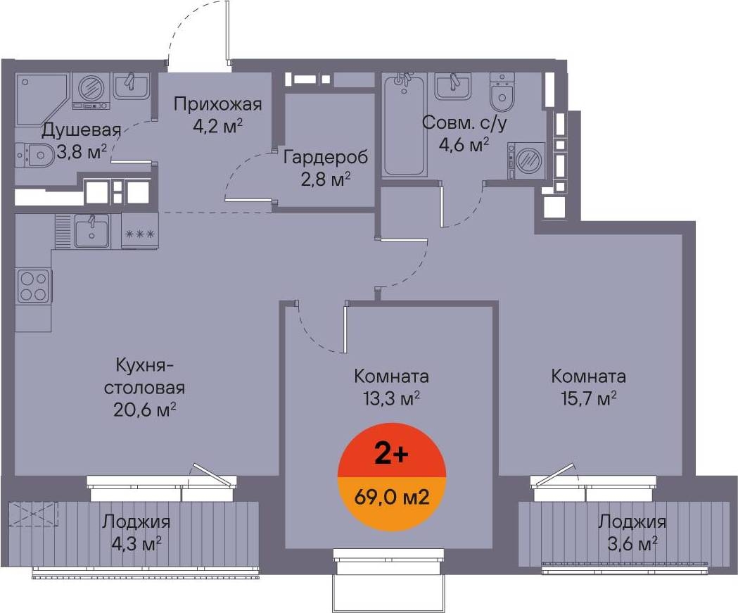Планировка: Евротрешка 69 м² в ЖК Восход, Матмасы