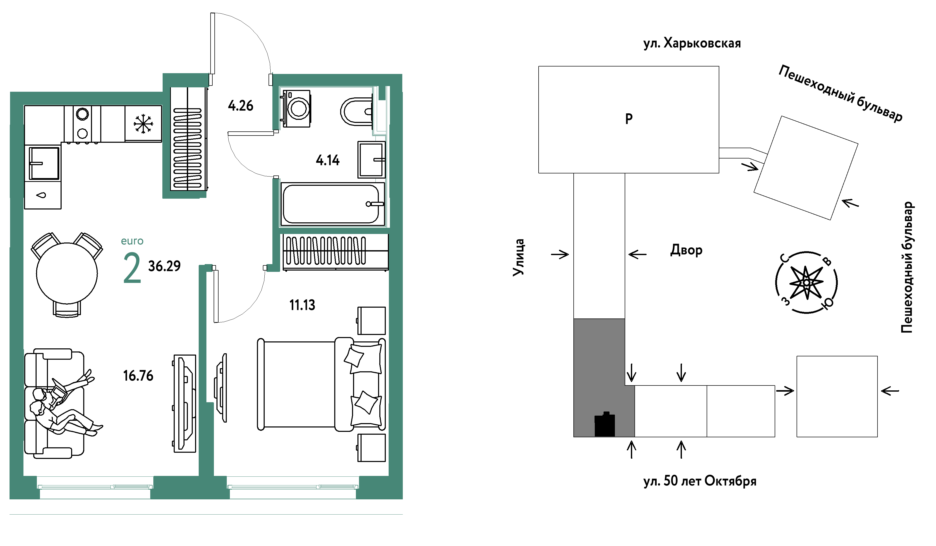 Планировка: Евродвушка 36.3 м² в ЖК Сердце Сибири, Центр: КПД