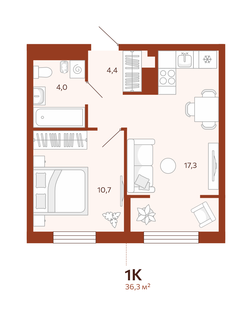 Планировка: Евродвушка 36.3 м² в ЖК Новатор, Центр: КПД