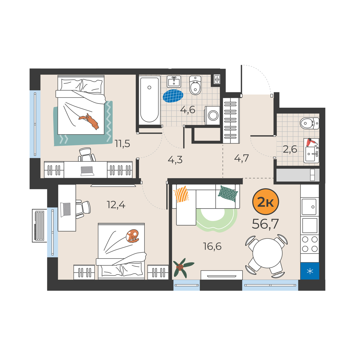 Планировка: Евротрешка 56.7 м² в ЖК Корней, Южный