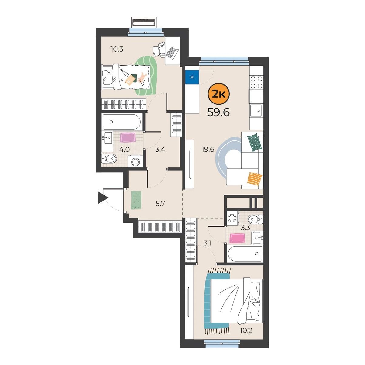 Планировка: Евротрешка 59.6 м² в ЖК Корней, Южный