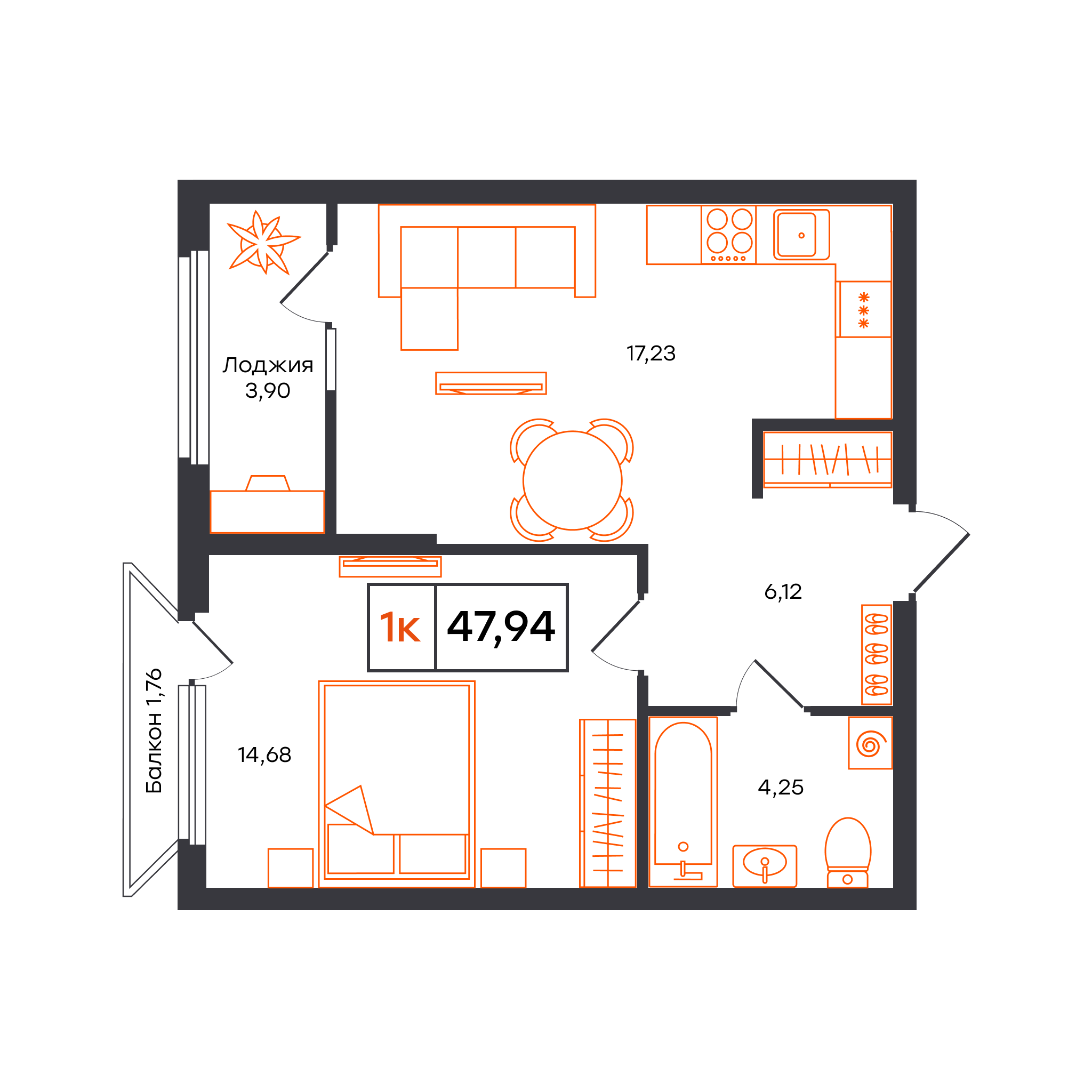 Планировка: Евродвушка 47.9 м² в ЖК Отличие, Комарово Парк