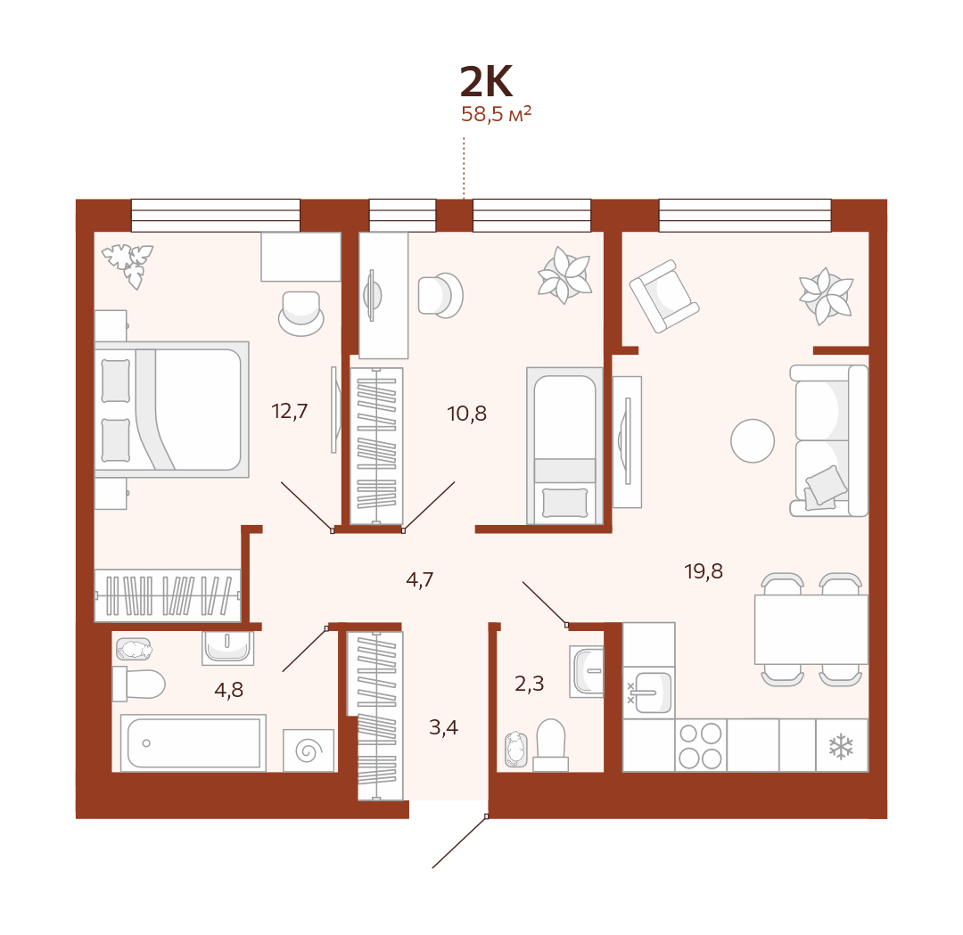 Планировка: Евротрешка 58.5 м² в ЖК Новатор, Центр: КПД