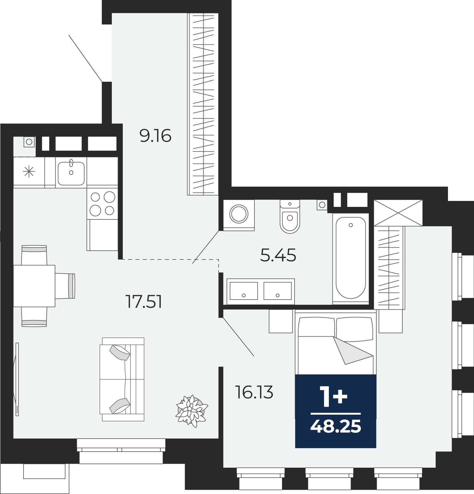Планировка: Евродвушка 48.2 м² в ЖК Айвазовский, 5-й Заречный