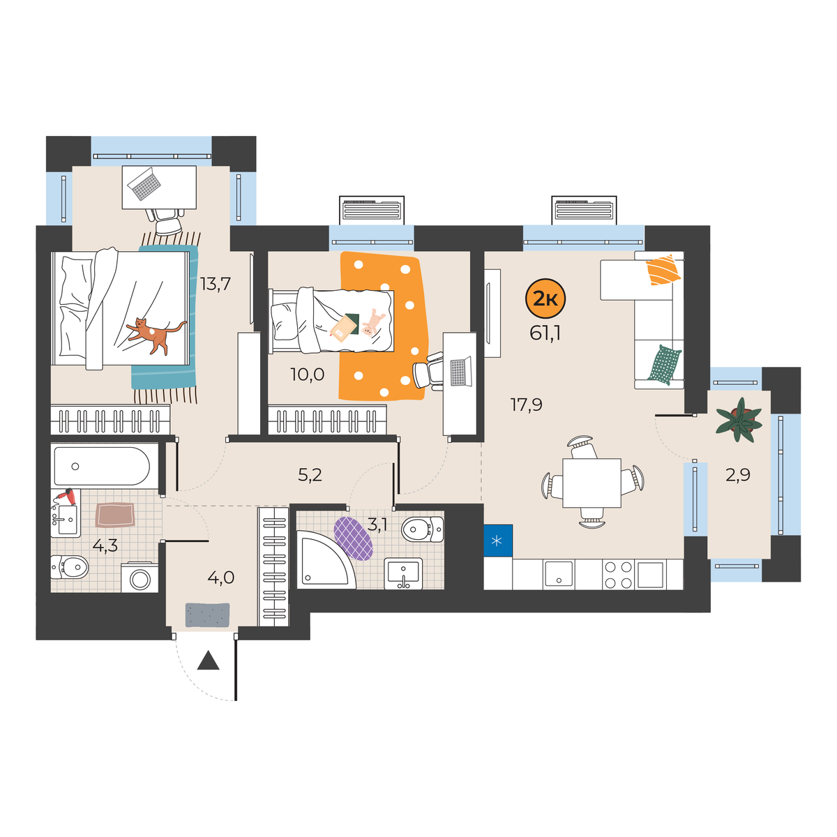 Планировка: Евротрешка 59.1 м² в ЖК Корней, Южный