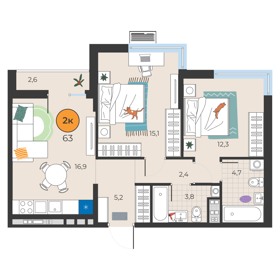 Планировка: Евротрешка 60.4 м² в ЖК Корней, Южный