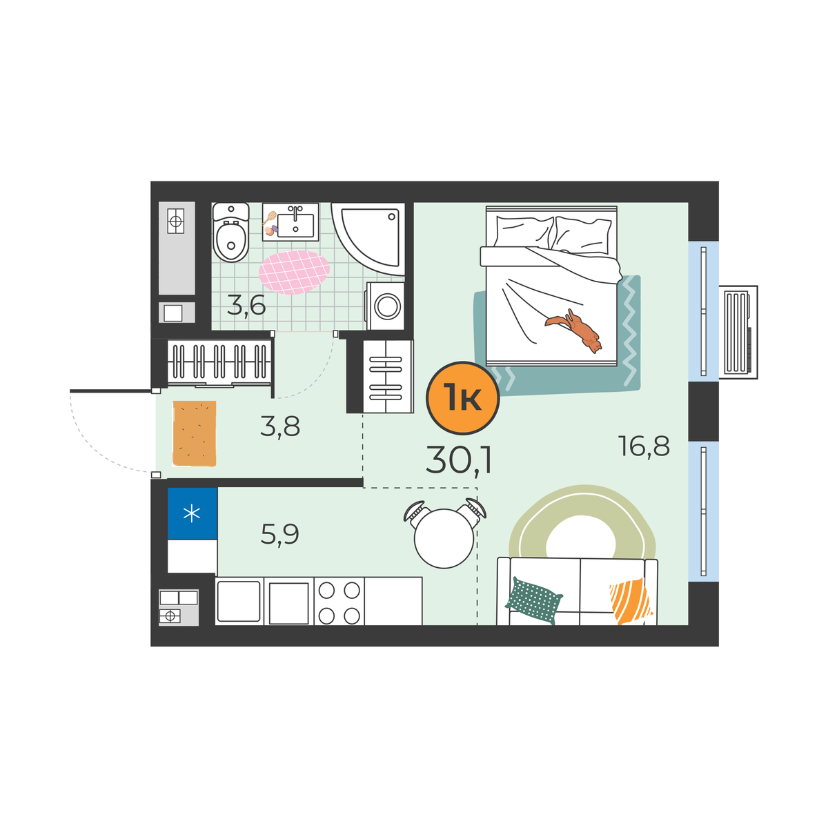 Планировка: Студия 30.1 м² в ЖК Корней, Южный