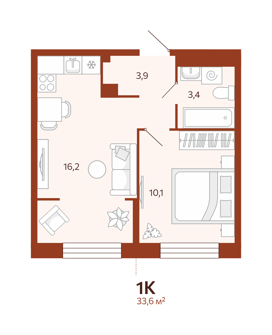 Планировка: Евродвушка 33.6 м² в ЖК Новатор, Центр: КПД