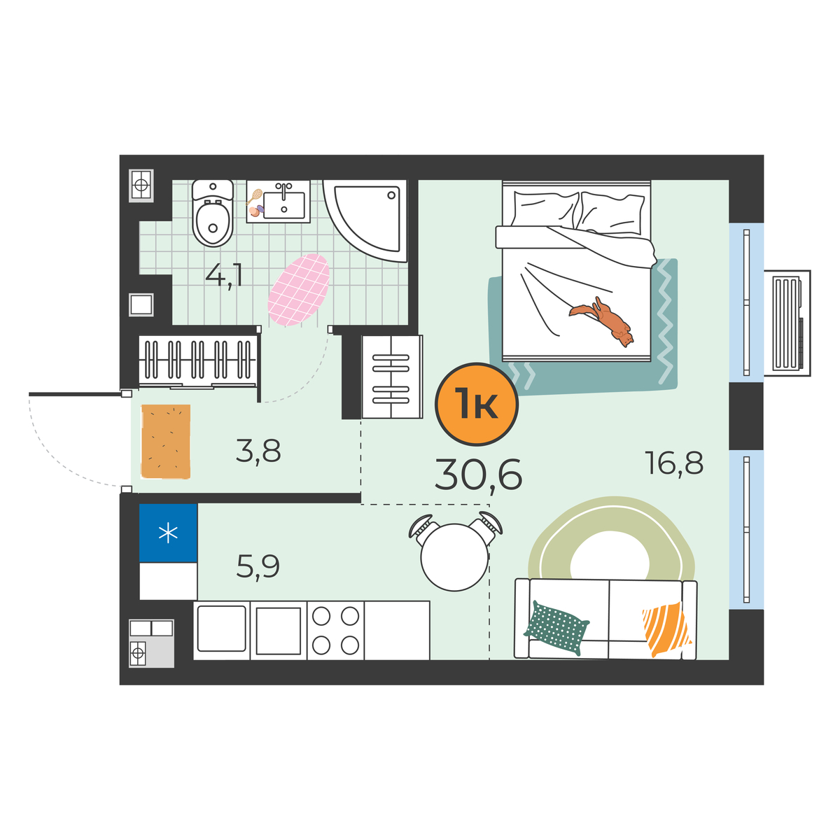 Планировка: Студия 30.6 м² в ЖК Корней, Южный