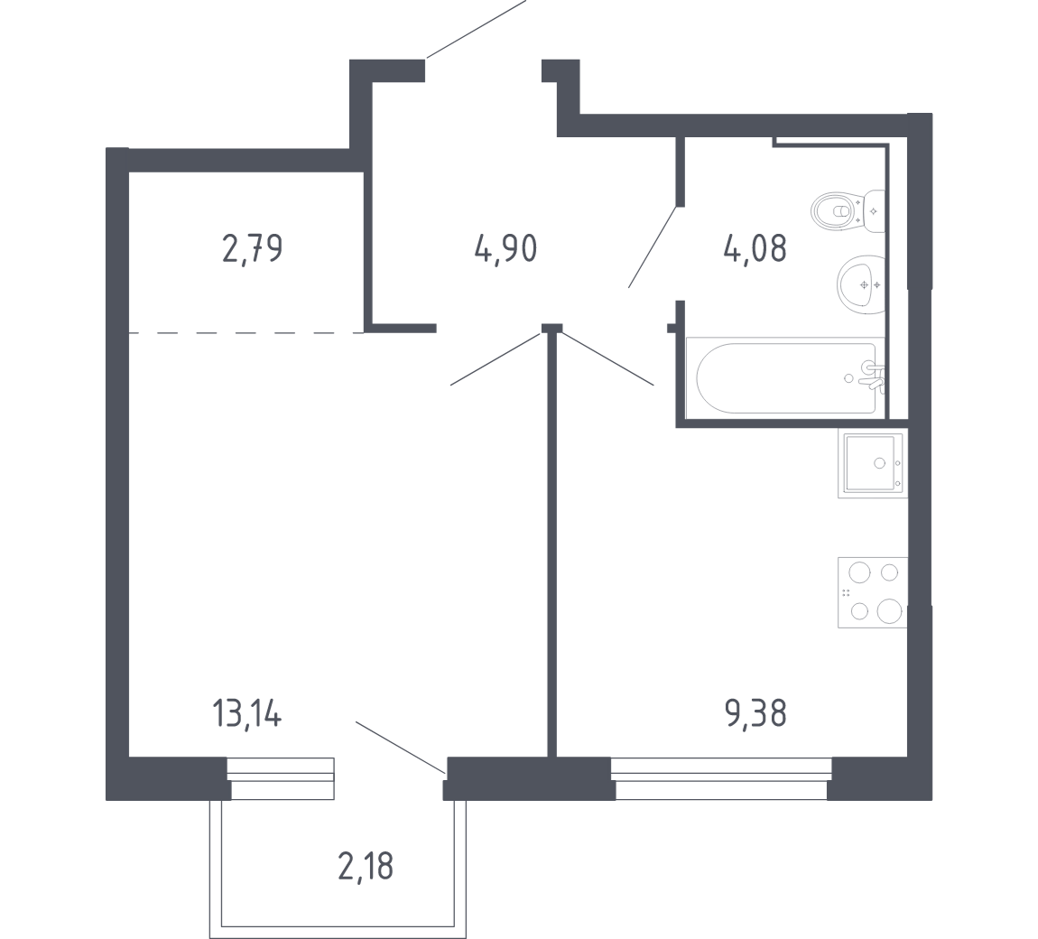 Планировка: 1-комнатная 34.5 м² в ЖК Чаркова 72, Мыс