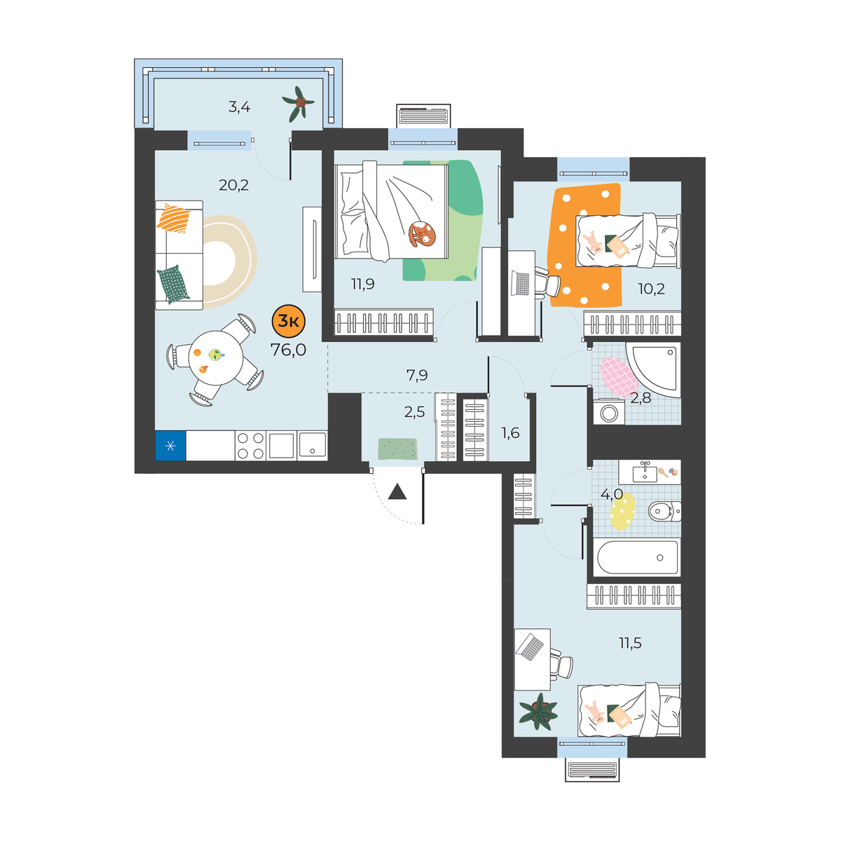 Планировка: 4-комнатная евро 73.6 м² в ЖК Корней, Южный