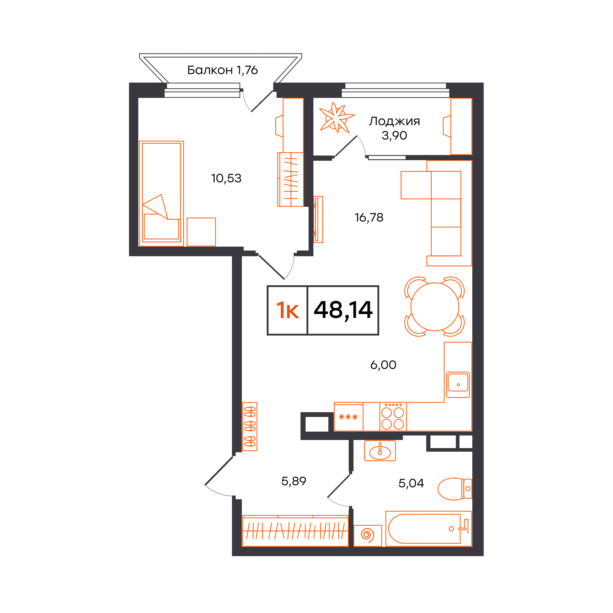 Планировка: Евродвушка 48.1 м² в ЖК Отличие, Комарово Парк