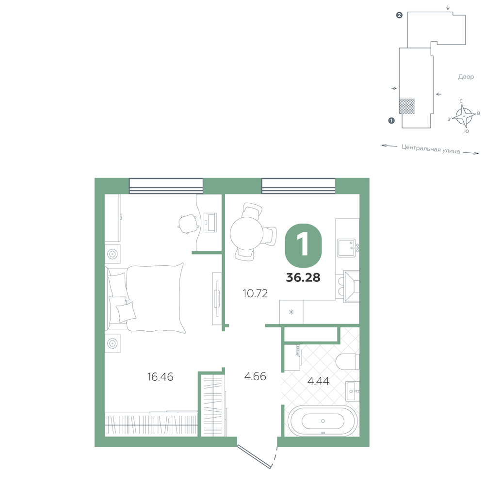 Планировка: Евродвушка 36.3 м² в ЖК Крылья, Область