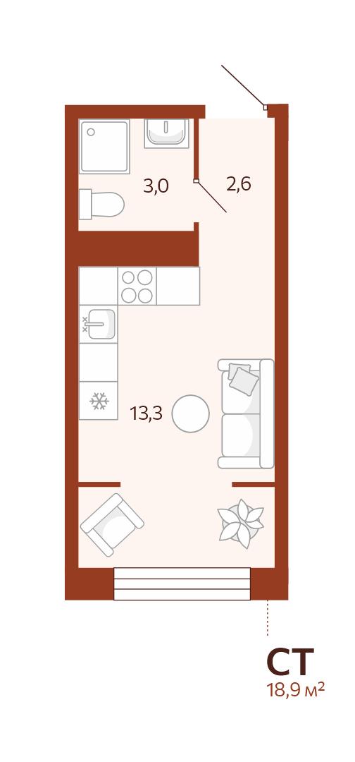 Планировка: Студия 18.9 м² в ЖК Новатор, Центр: КПД