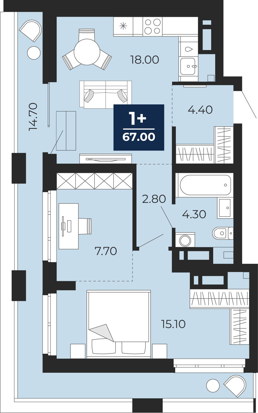 Планировка: Евродвушка 52.3 м² в ЖК Айвазовский, 5-й Заречный