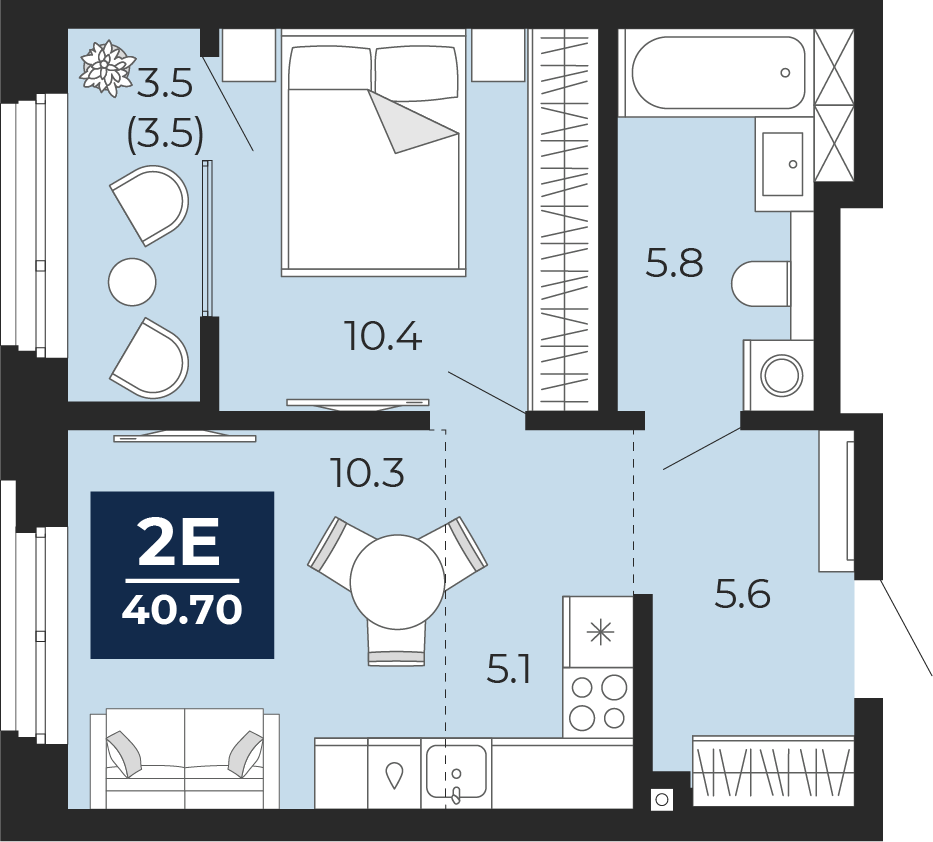 Планировка: Евродвушка 40.7 м² в ЖК Мириады, Мыс
