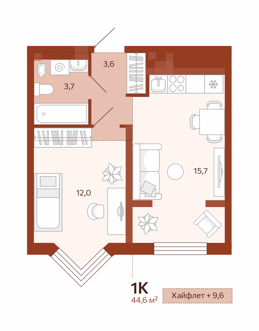 Планировка: Евродвушка 35 м² в ЖК Новатор, Центр: КПД