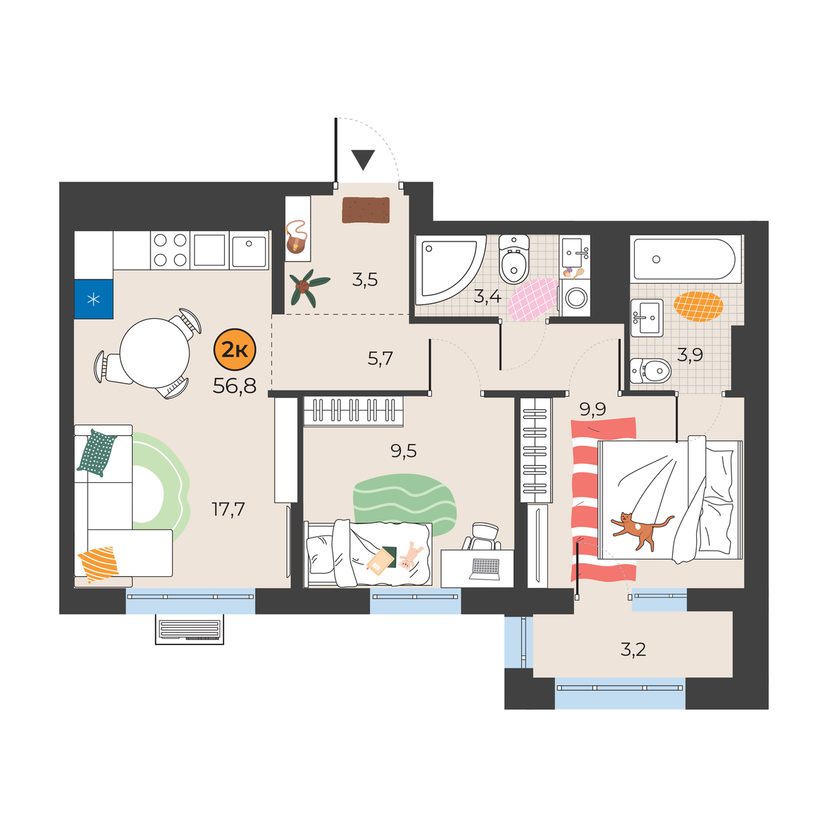 Планировка: Евротрешка 54.6 м² в ЖК Корней, Южный