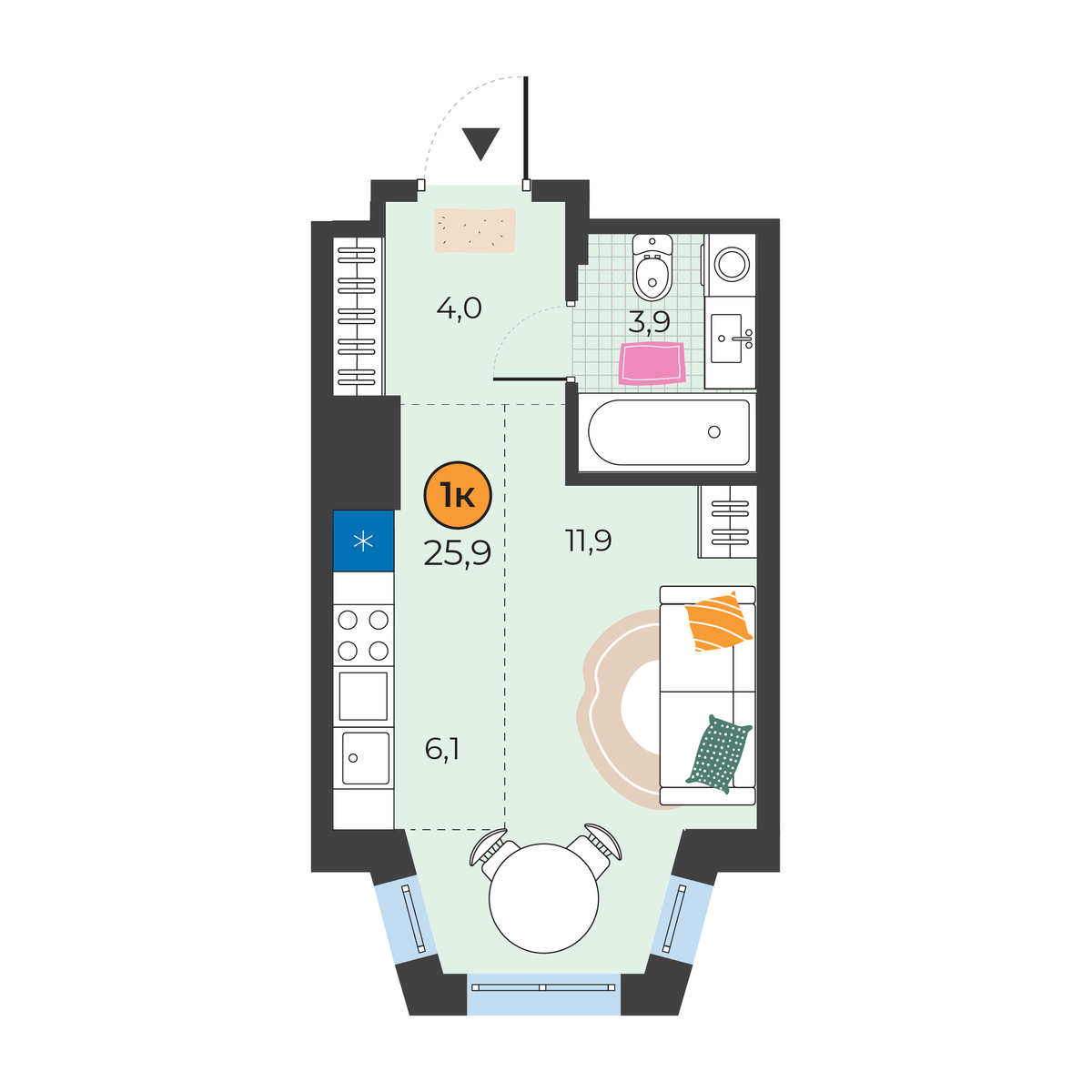 Планировка: Студия 25.9 м² в ЖК Корней, Южный