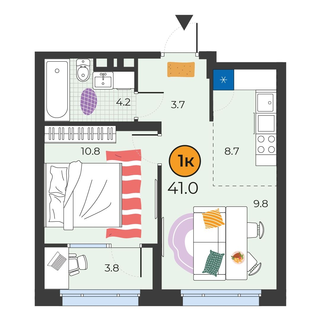 Планировка: Евродвушка 41 м² в ЖК Корней, Южный