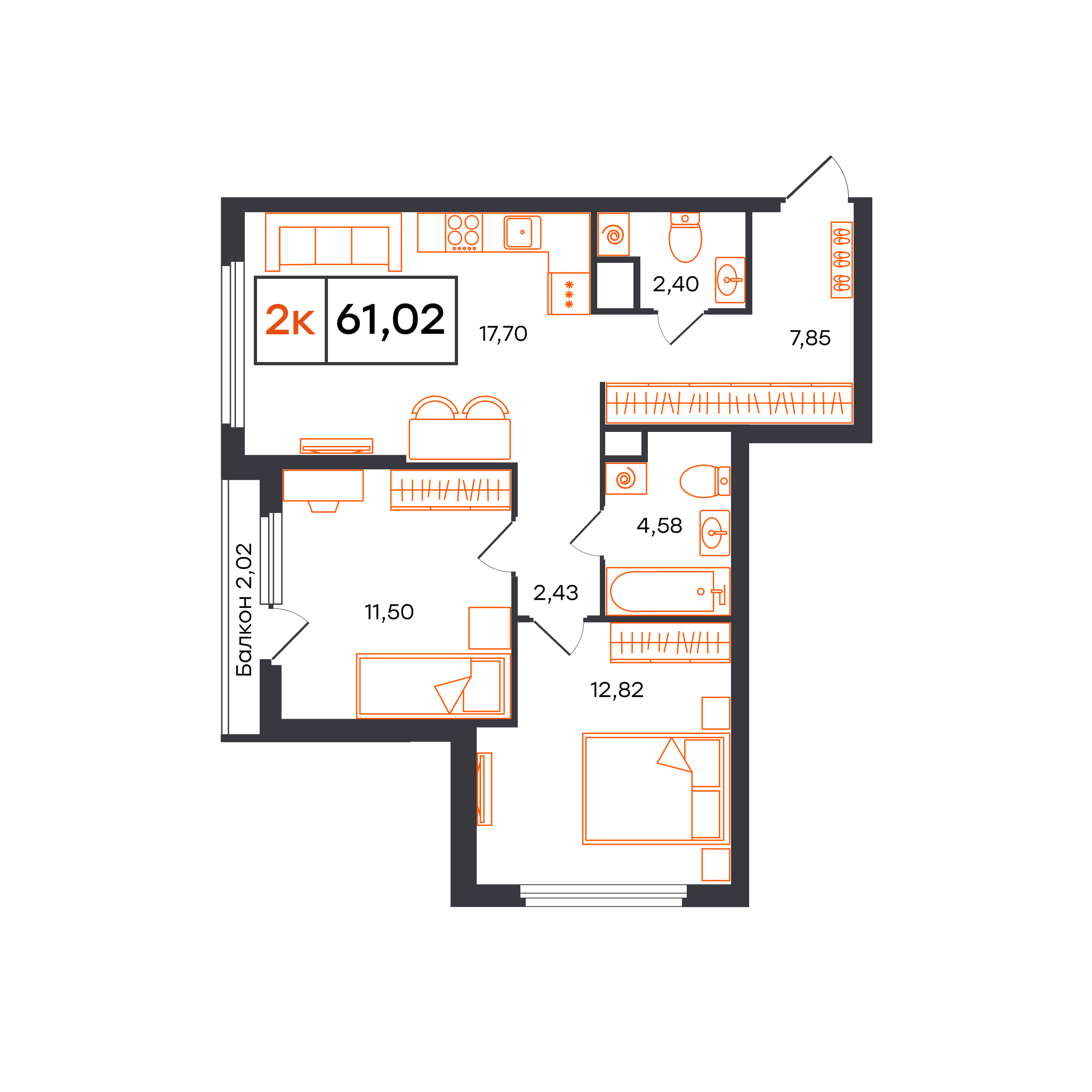 Планировка: Евротрешка 61 м² в ЖК Отличие, Комарово Парк