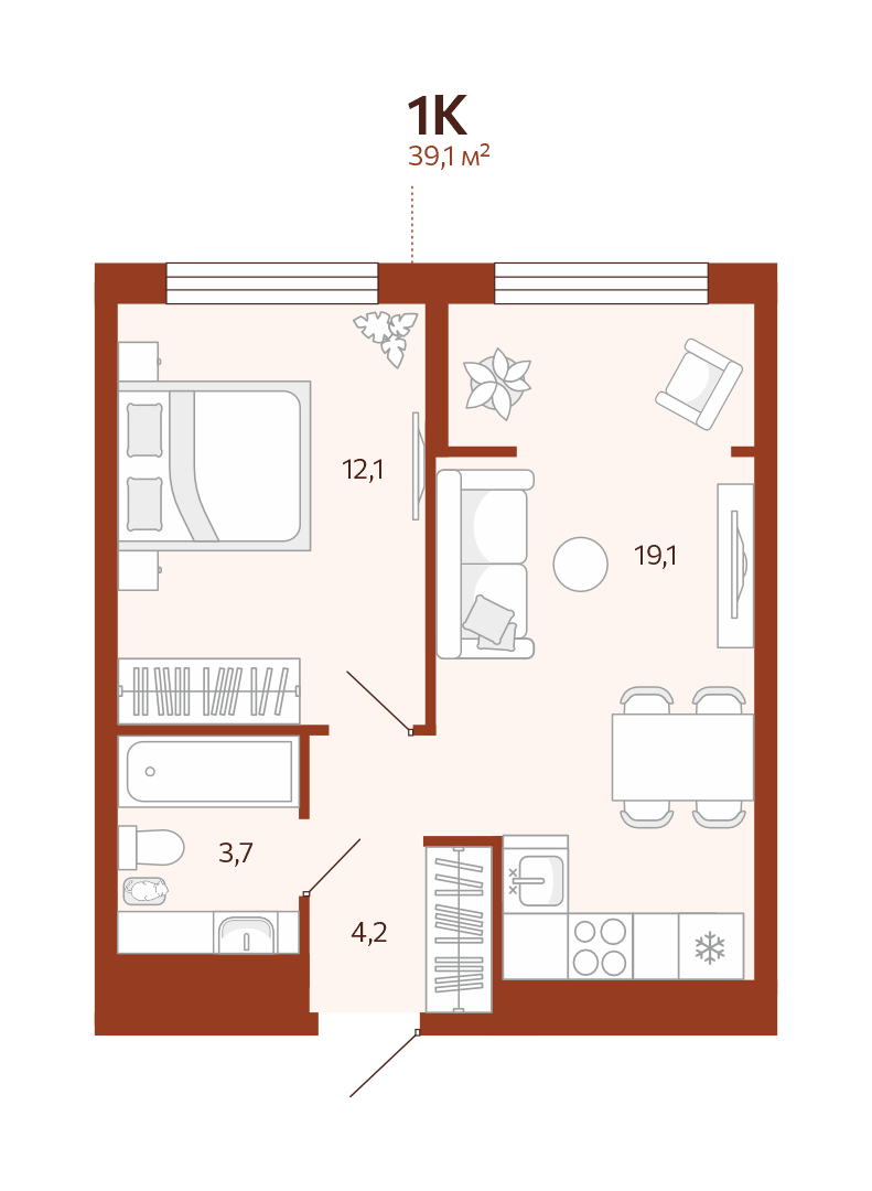 Планировка: Евродвушка 39.1 м² в ЖК Новатор, Центр: КПД