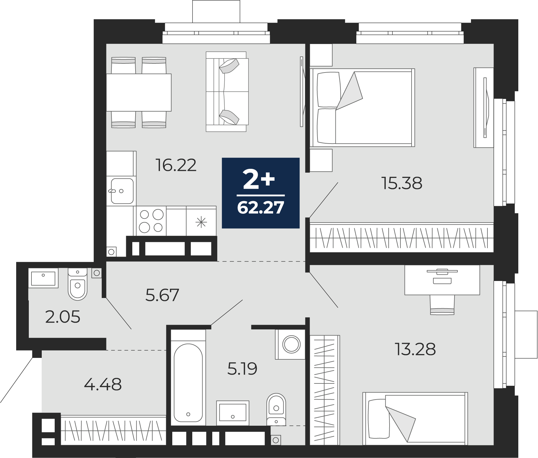 Планировка: Евротрешка 62.3 м² в ЖК Айвазовский, 5-й Заречный