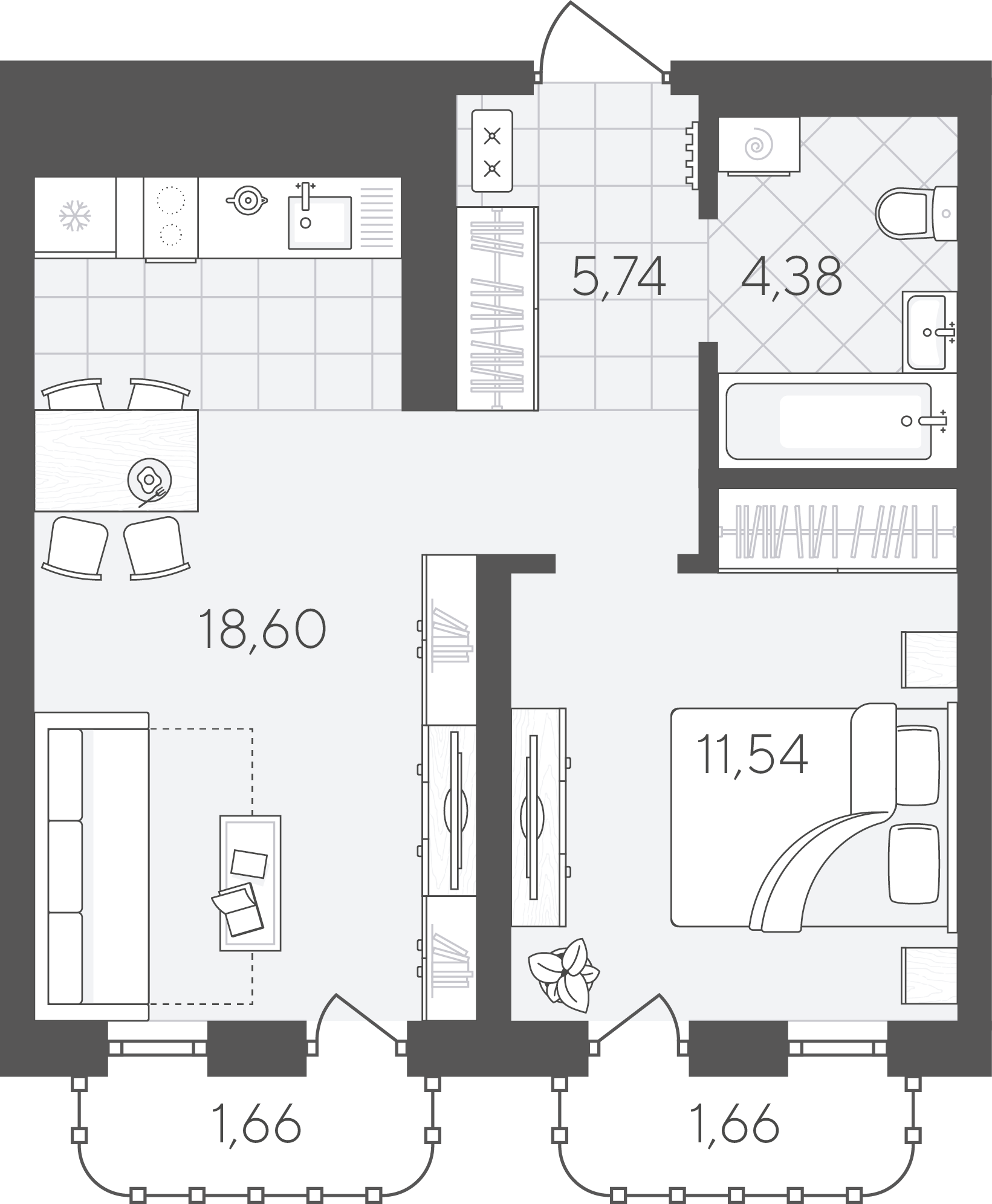 Планировка: Евродвушка 43.6 м² в ЖК Скандиа. Квартал в Слободе, Тюменская слобода