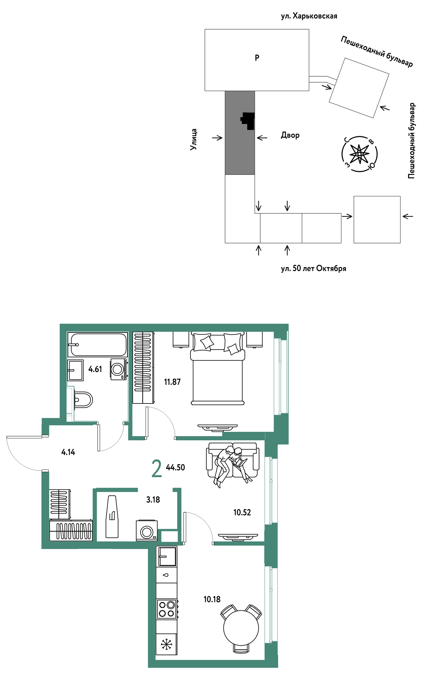 Планировка: Евродвушка 44.5 м² в ЖК Сердце Сибири, Центр: КПД
