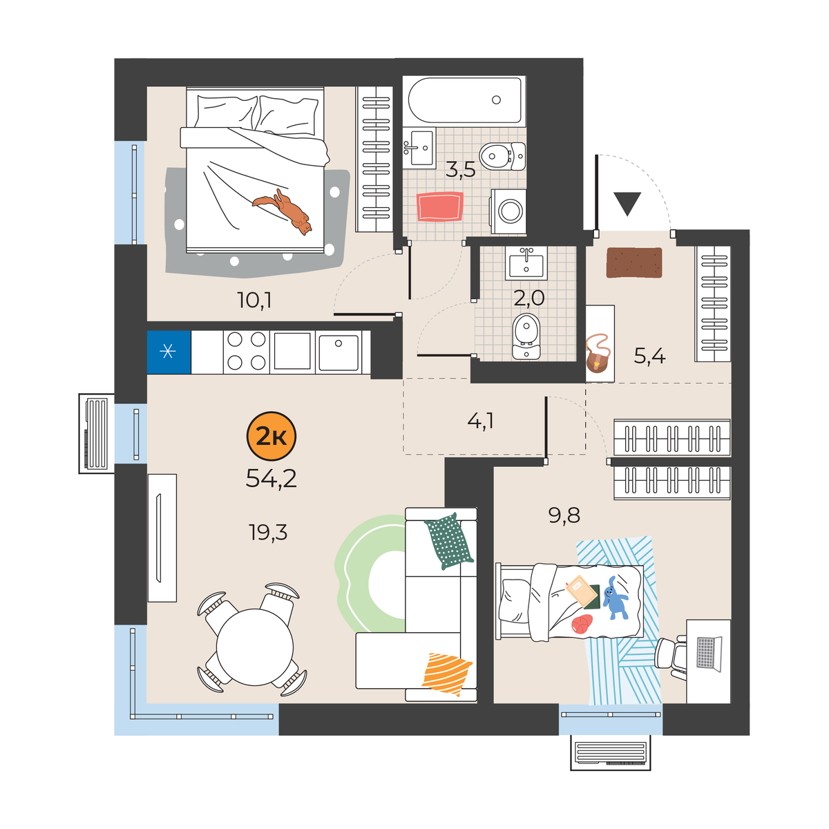 Планировка: Евротрешка 54.2 м² в ЖК Корней, Южный