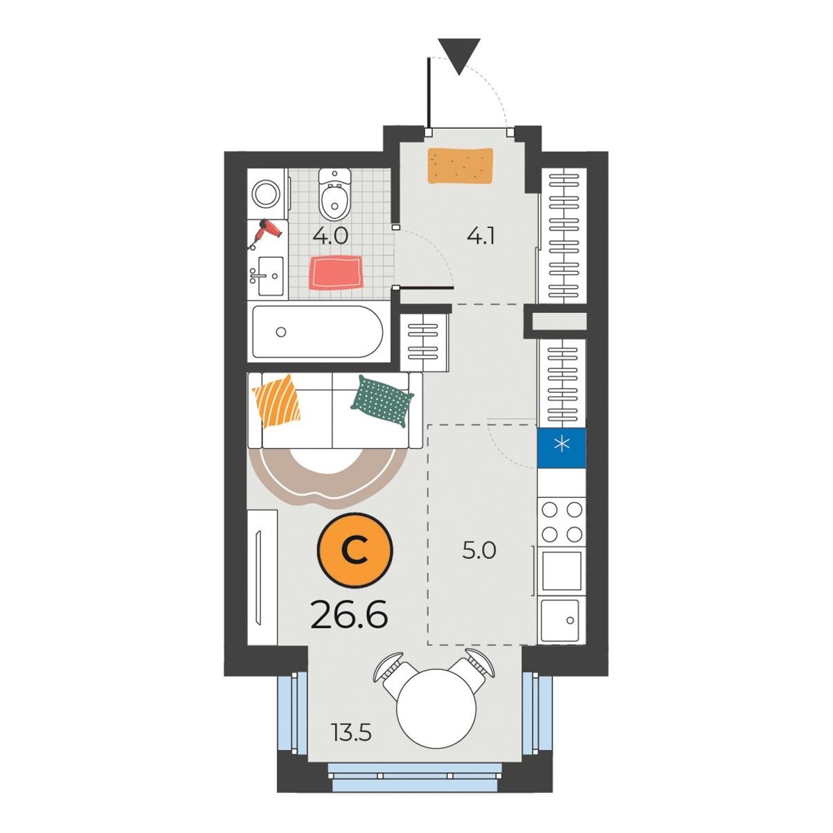 Планировка: Студия 26.4 м² в ЖК Корней, Южный