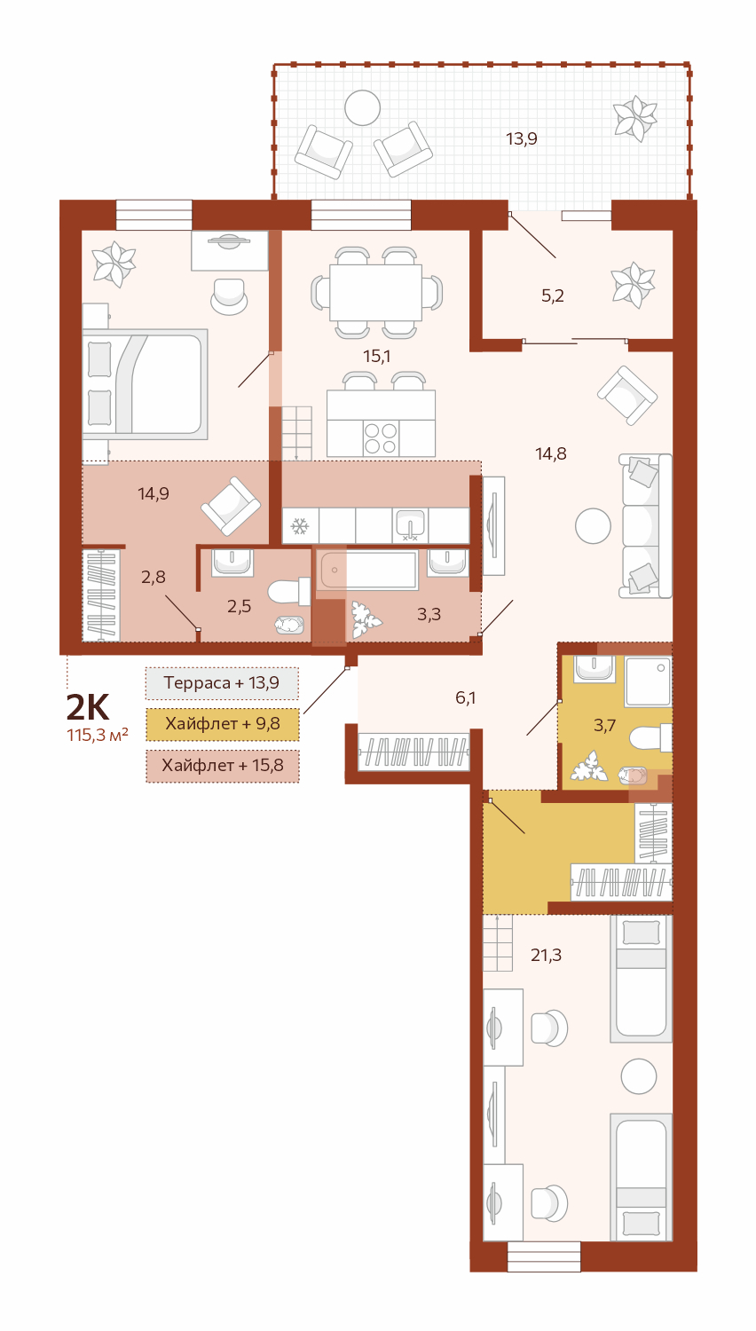 Планировка: Евротрешка 89.7 м² в ЖК Новатор, Центр: КПД
