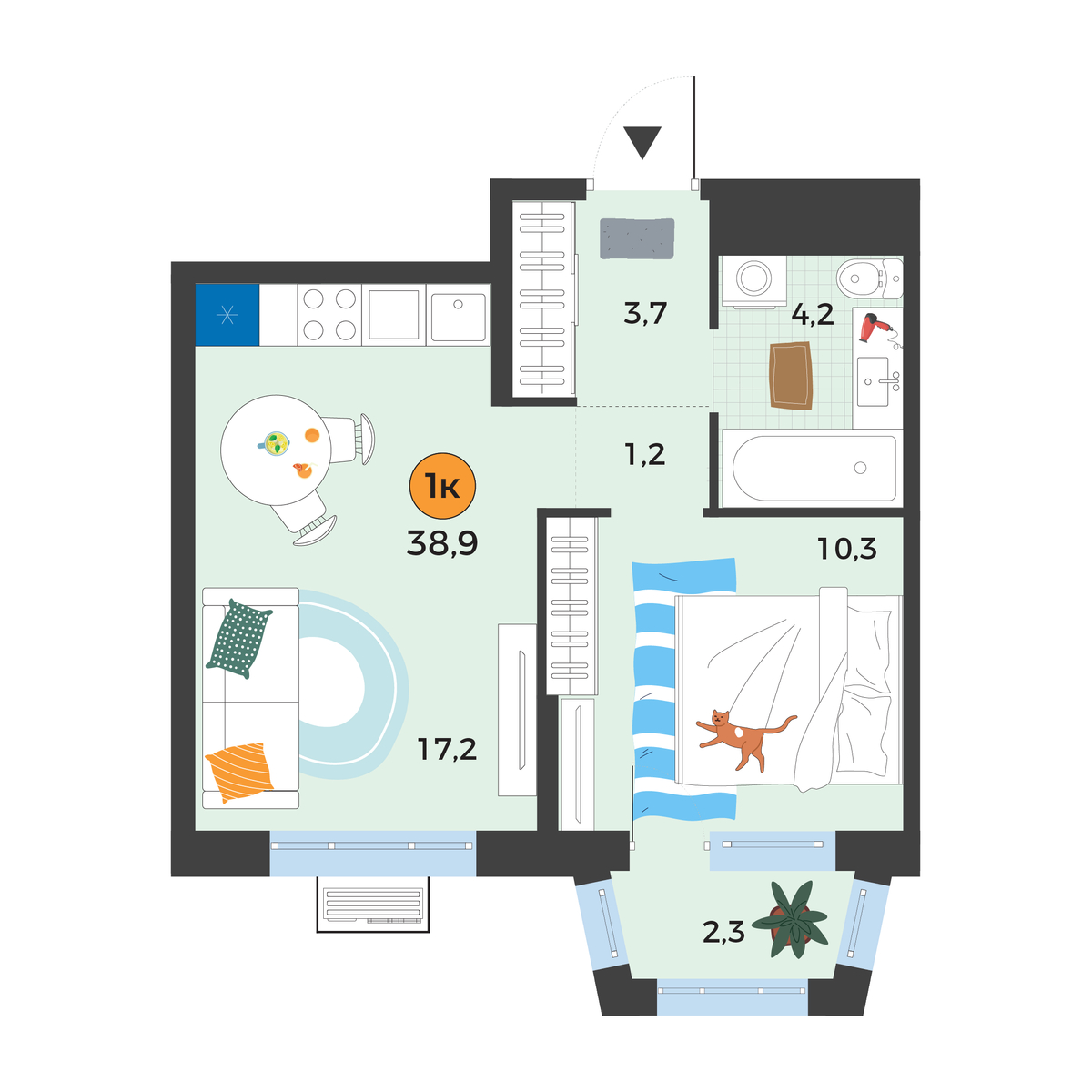 Планировка: Евродвушка 37.3 м² в ЖК Корней, Южный