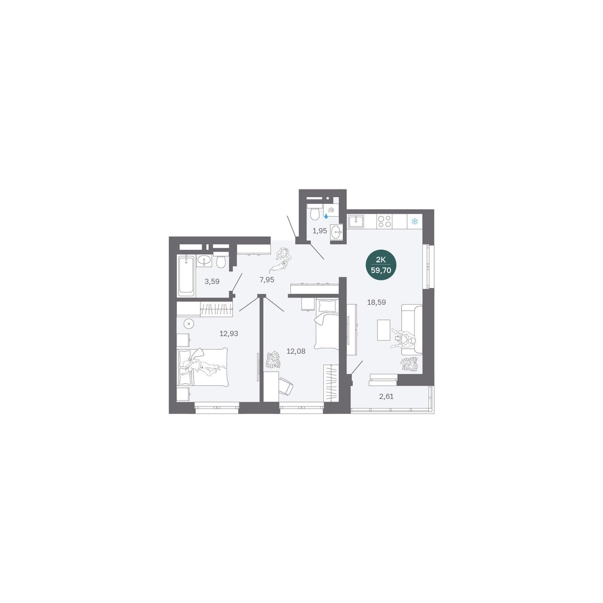 Планировка: Евротрешка 59.7 м² в ЖК Румянский, Центр: Студгородок