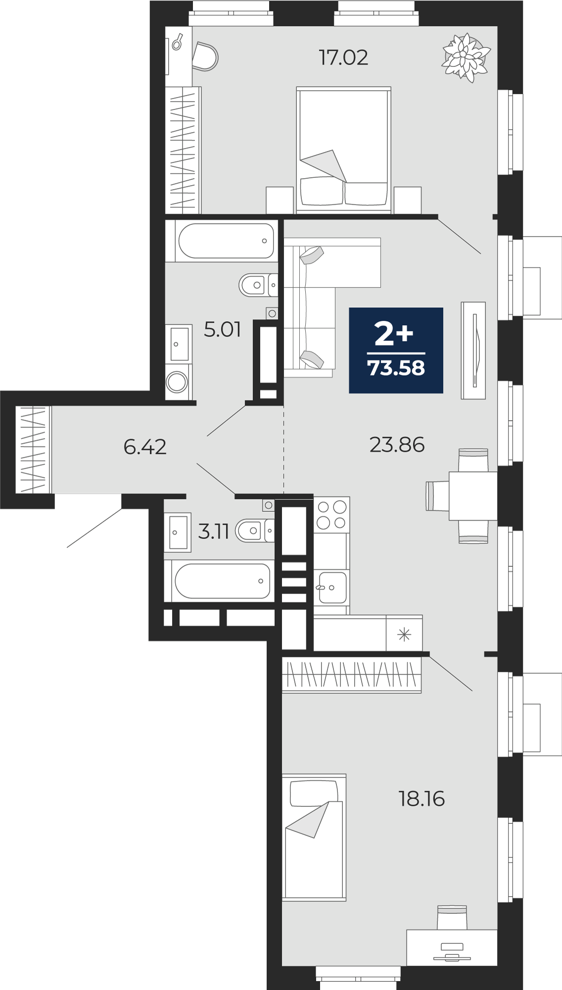Планировка: Евротрешка 73.6 м² в ЖК Айвазовский, 5-й Заречный