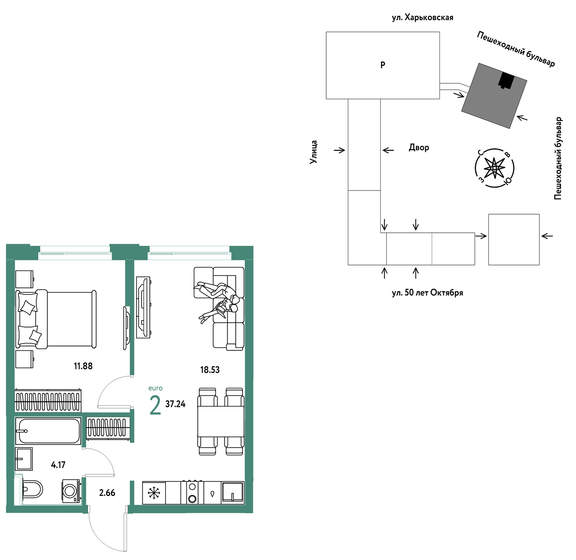 Планировка: Евродвушка 37.2 м² в ЖК Сердце Сибири, Центр: КПД