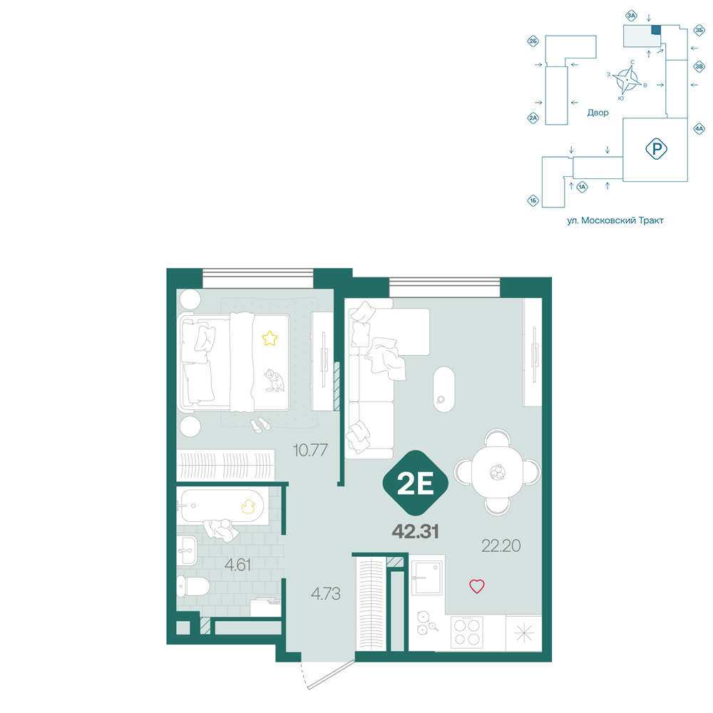 Планировка: Евродвушка 42.3 м² в ЖК Сибирский, Московский тракт