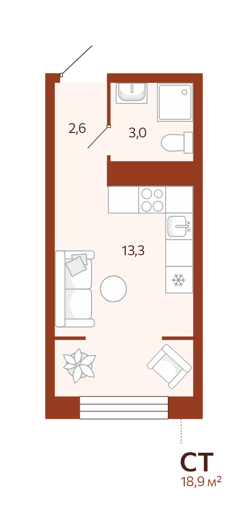 Планировка: Студия 18.9 м² в ЖК Новатор, Центр: КПД