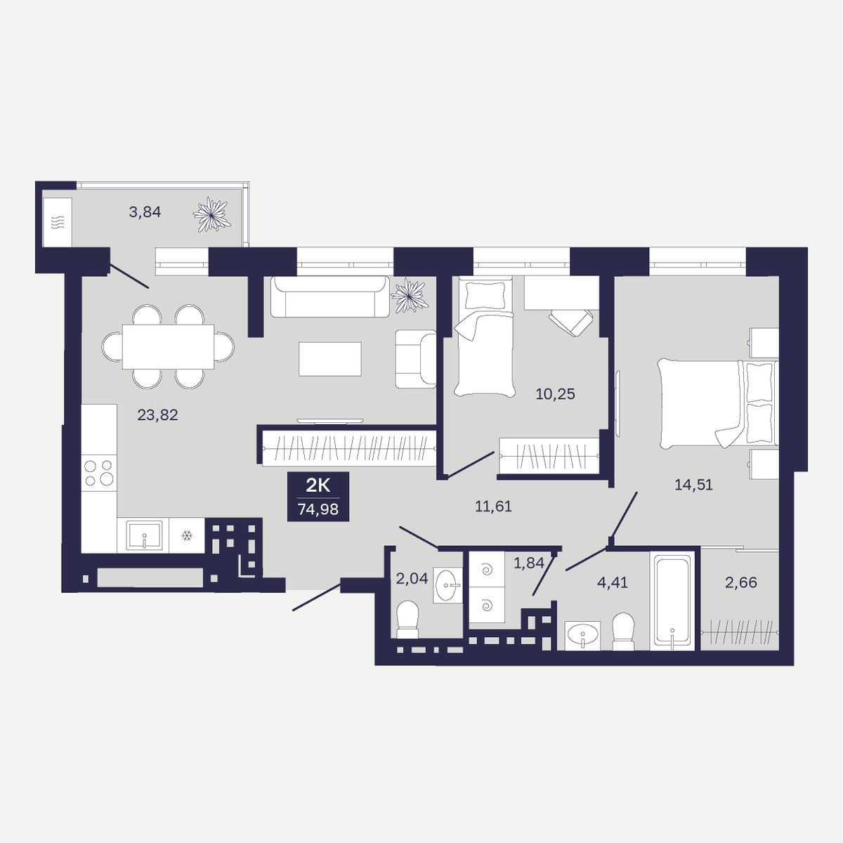 Планировка: Евротрешка 75 м² в ЖК Дом на Ямской, Дом Обороны
