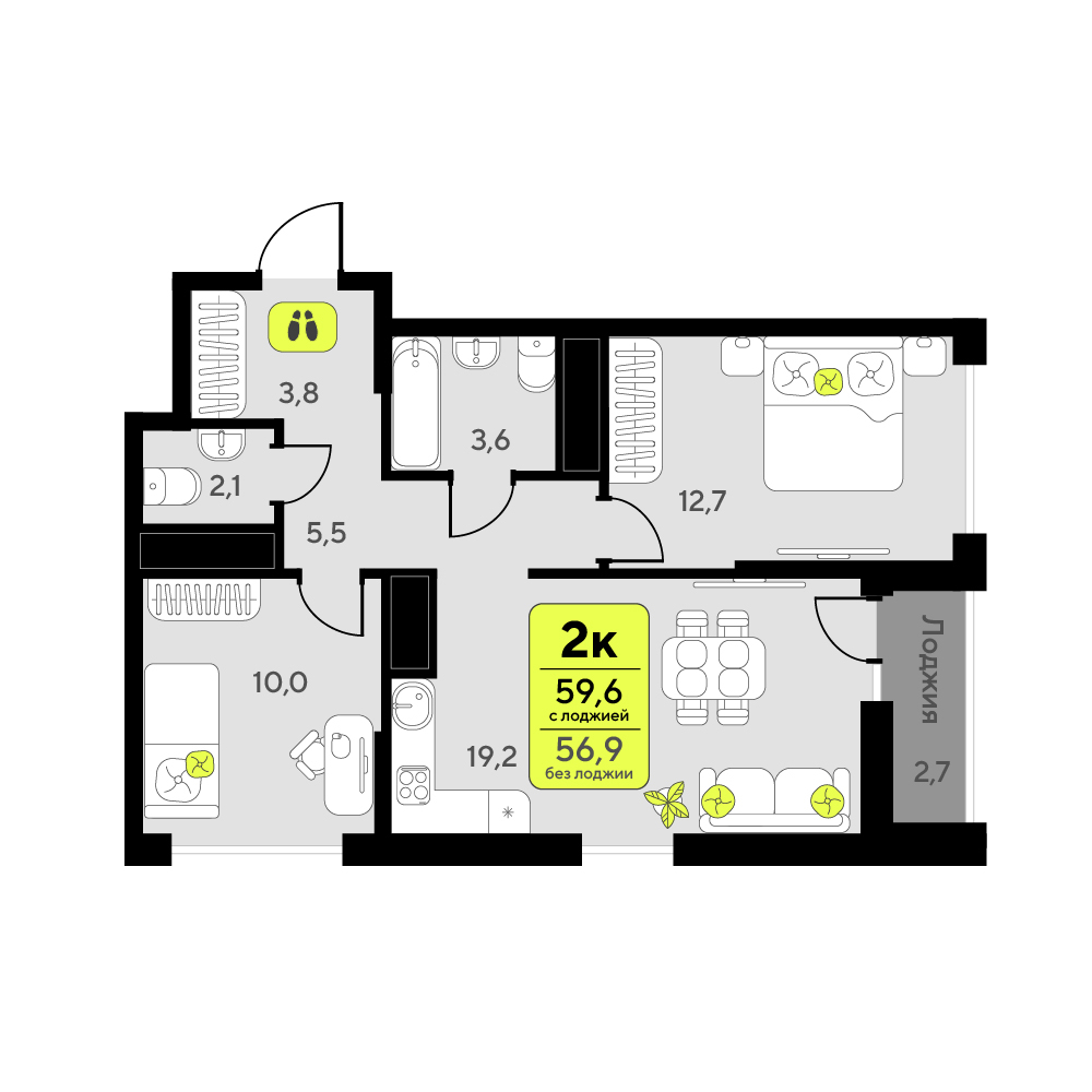 Планировка: Евротрешка 59.6 м² в ЖК Мотивы, От Плеханова до Южного