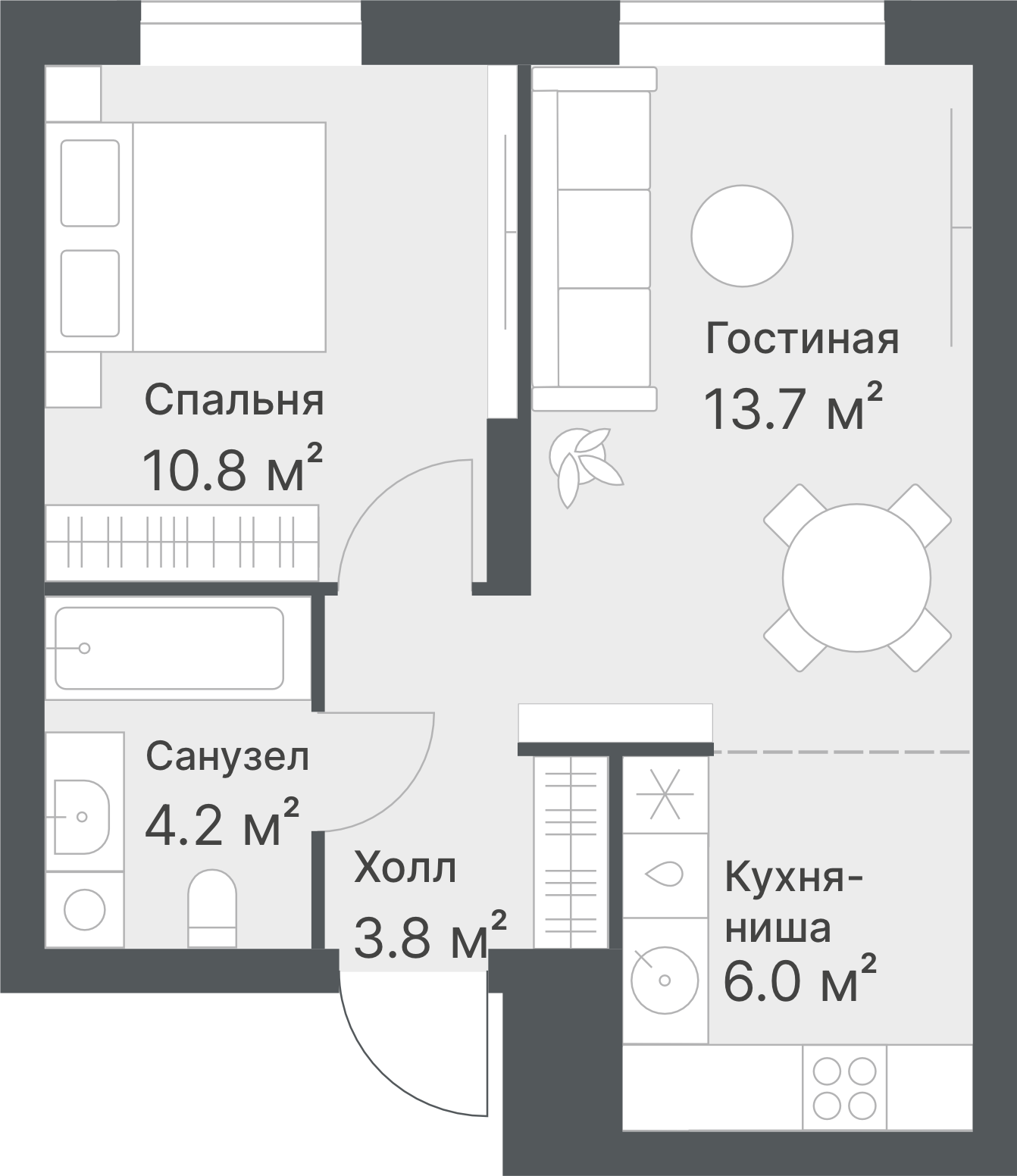 Планировка: Евродвушка 38.5 м² в ЖК Дружеский, Плеханово