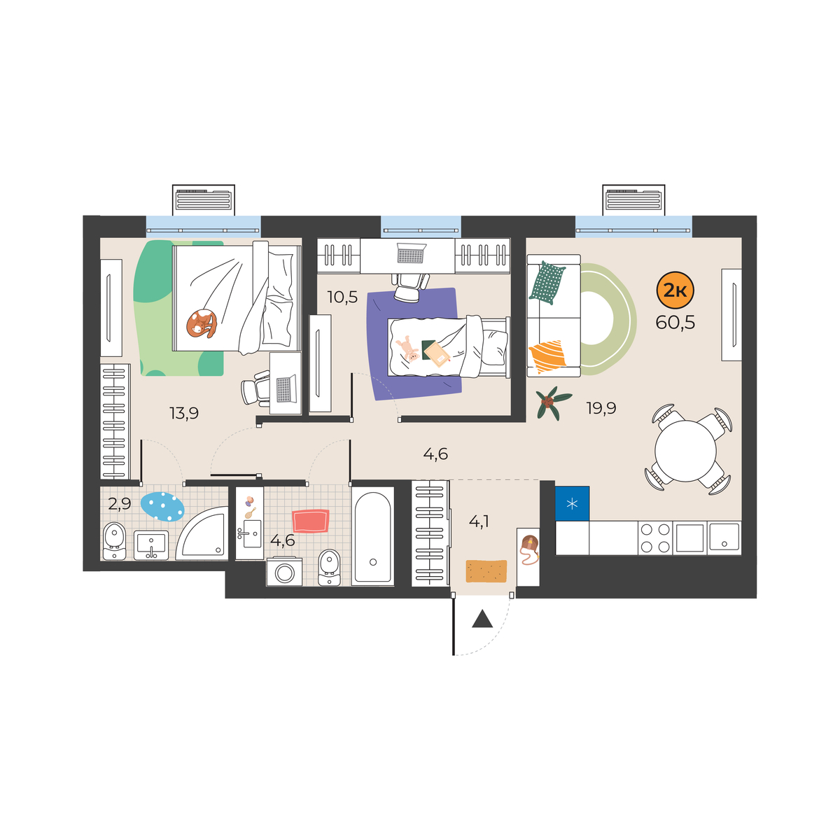 Планировка: Евротрешка 60.5 м² в ЖК Корней, Южный