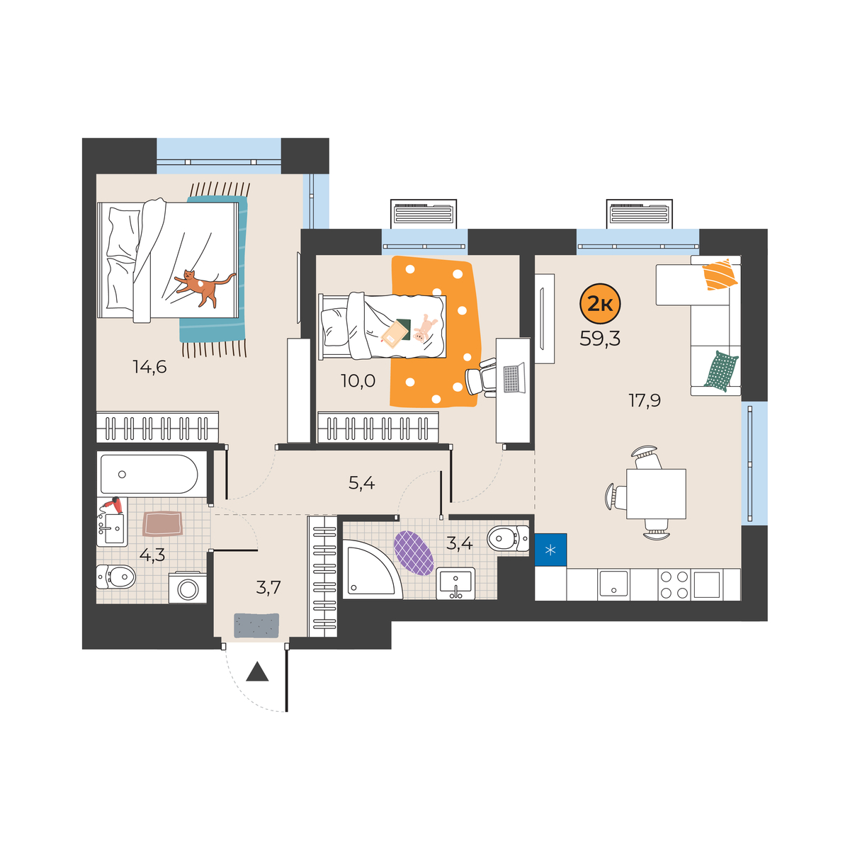 Планировка: Евротрешка 59.3 м² в ЖК Корней, Южный