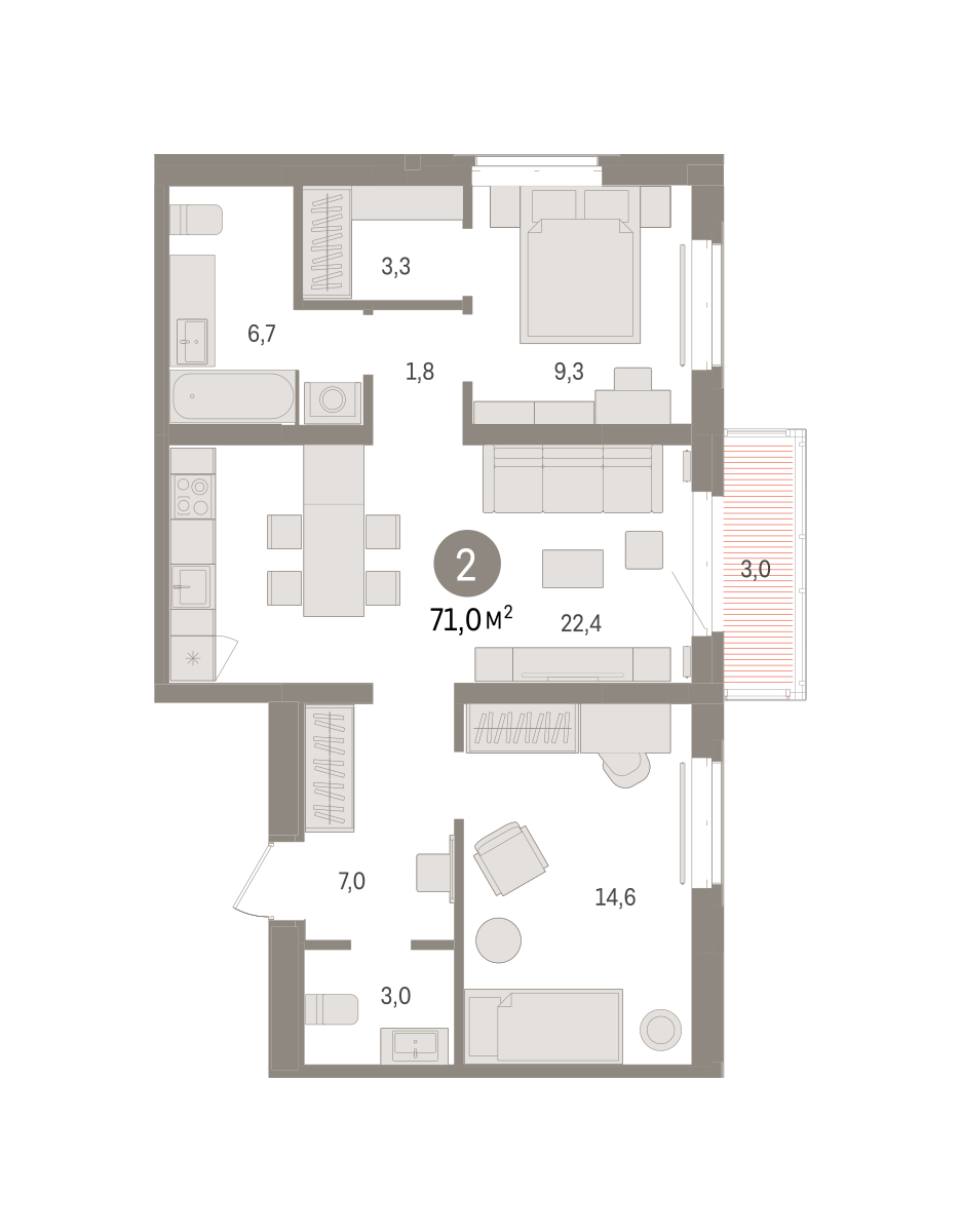 Планировка: Евротрешка 71 м² в ЖК На Минской, Центр: Драмтеатр