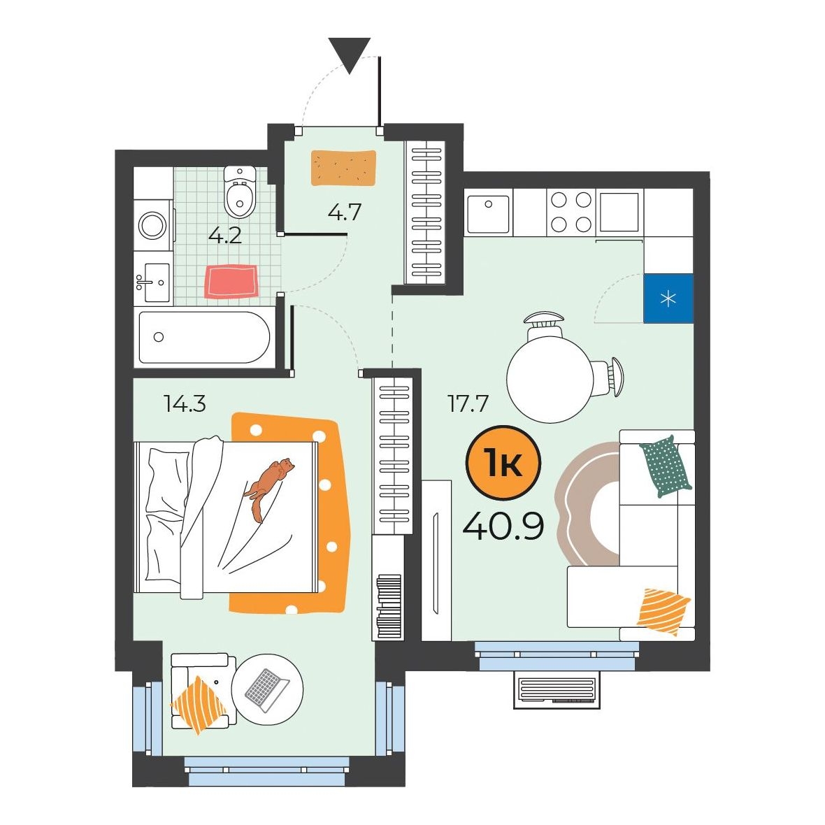 Планировка: Евродвушка 40.9 м² в ЖК Корней, Южный
