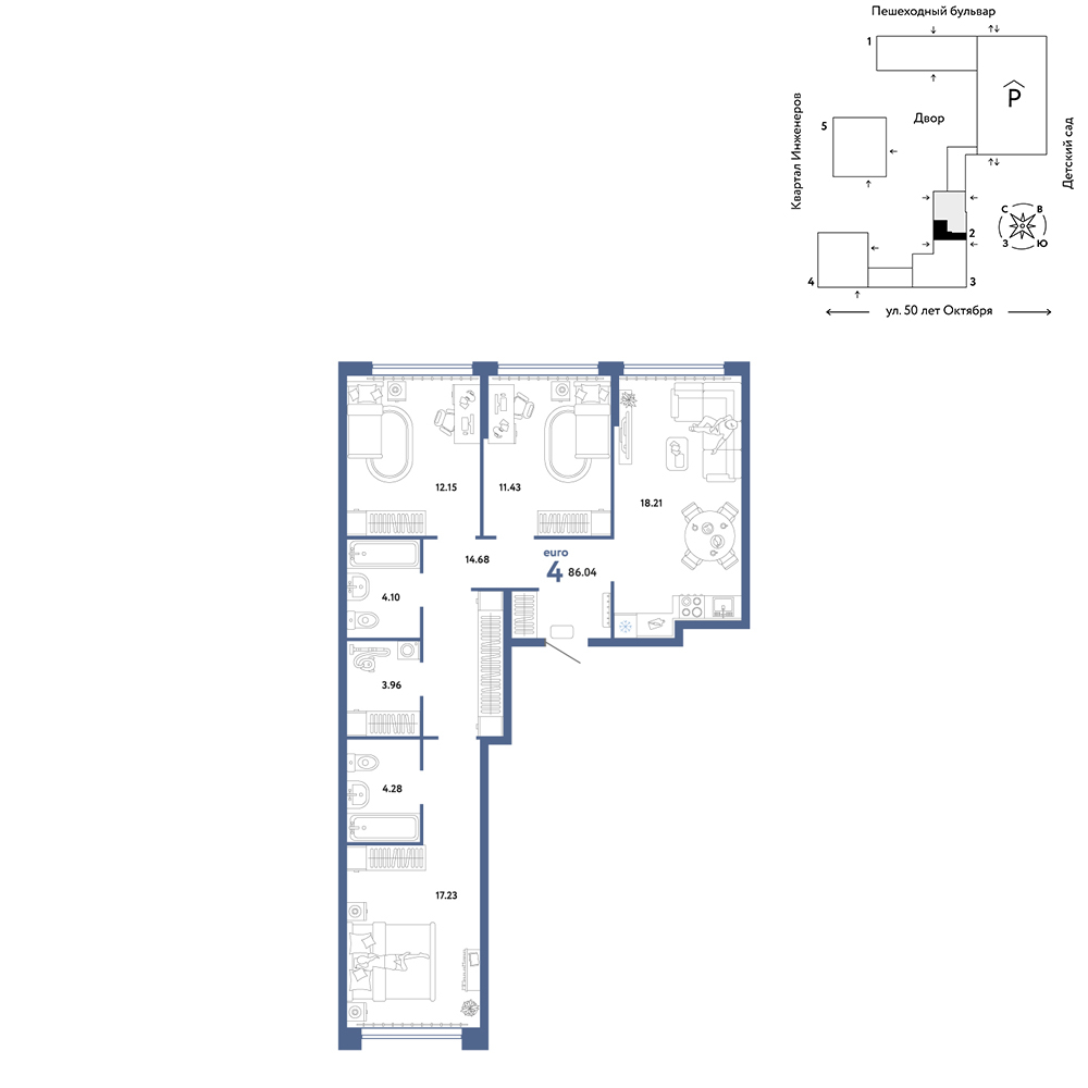 Планировка: 4-комнатная евро 86 м² в ЖК Сердце Сибири, Центр: КПД